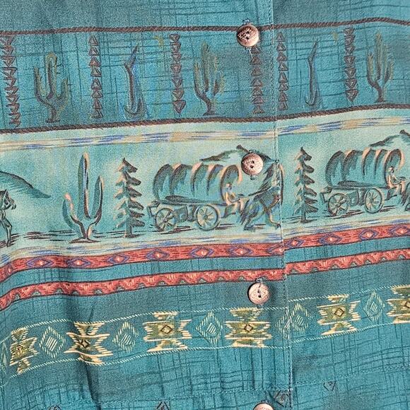 Vintage Panhandle Slim Green Wagon Horse Western Button Down, size Large - Picture 2 of 6